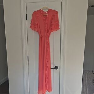 Elegant Coral Ruffle Maxi Dress, Wayf, size medium